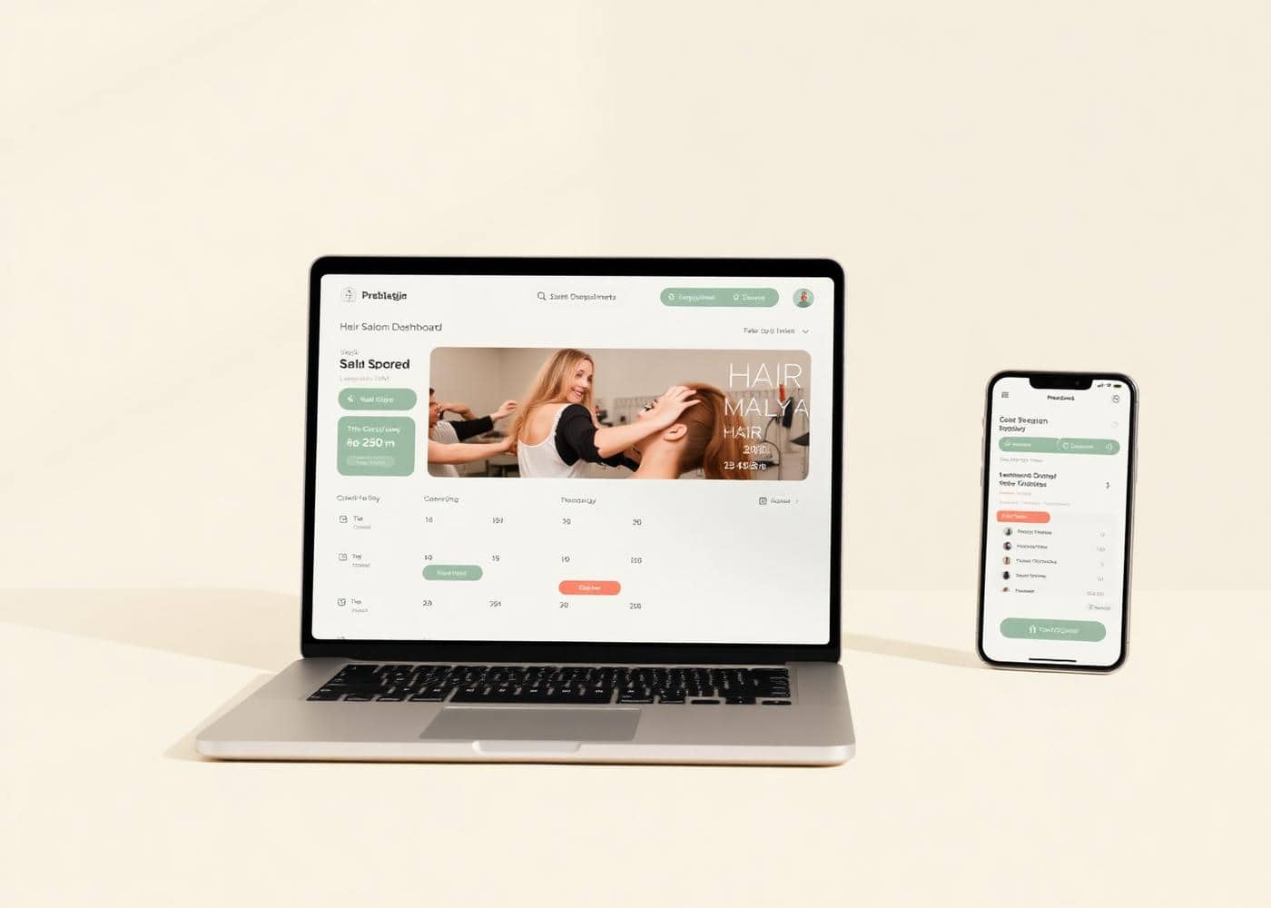 Laptop and smartphone displaying beauty salon management app interface.