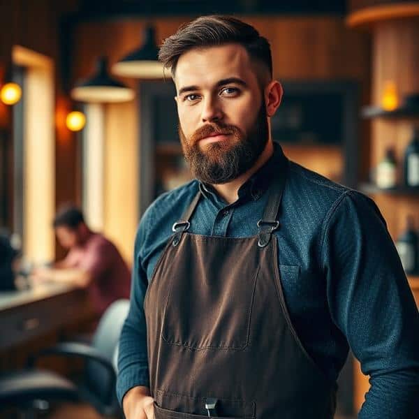 Male barista with beard in coffee shop wearing apron.